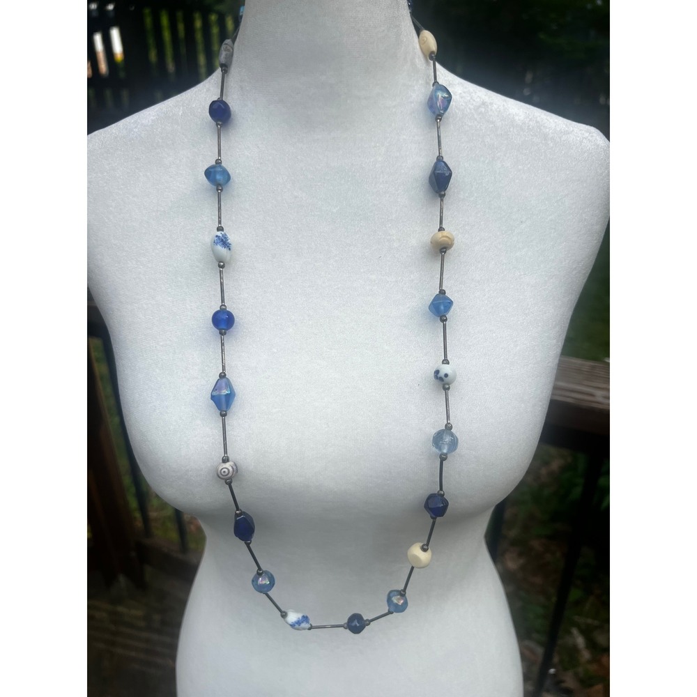 Vtg Boho Blue White Glass Porcelain Bead‎ Long Opera Layering Necklace Art Deco